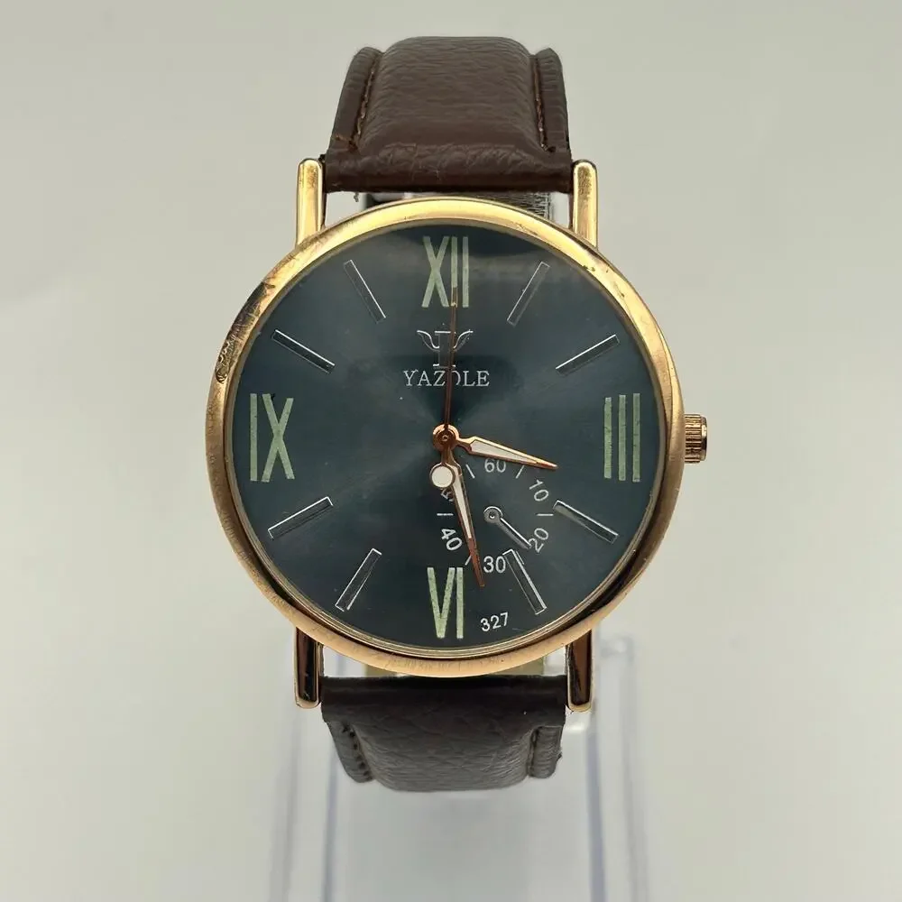 Yazole Roman Numeral Brown Leather Watch Working New Battery